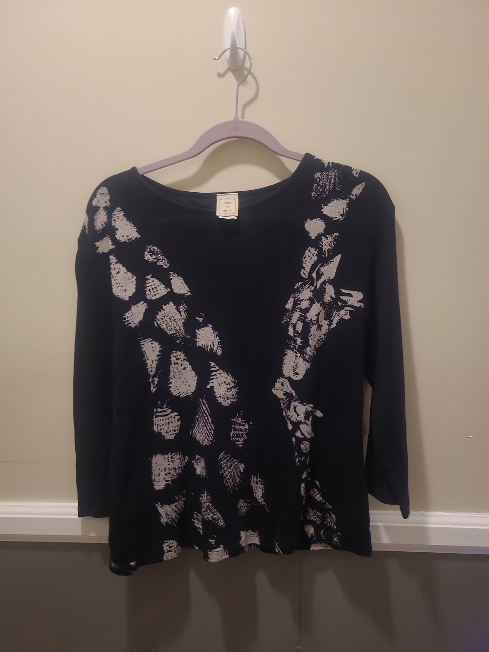 Jess And Jane Womens Large Cotton Long Sleeve Abstract Top Black L/S